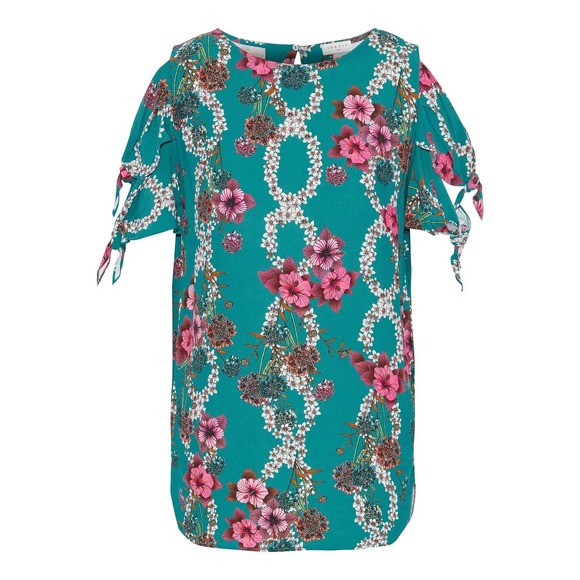 Sandro Teal Cold Shoulder Floral Print Blouse - Picture 4 of 11